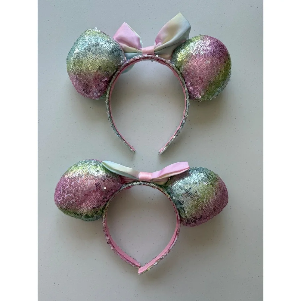 Set of 2 Disney Park Minnie Mouse Disney Ears Headband Sequined Pink Green Bow